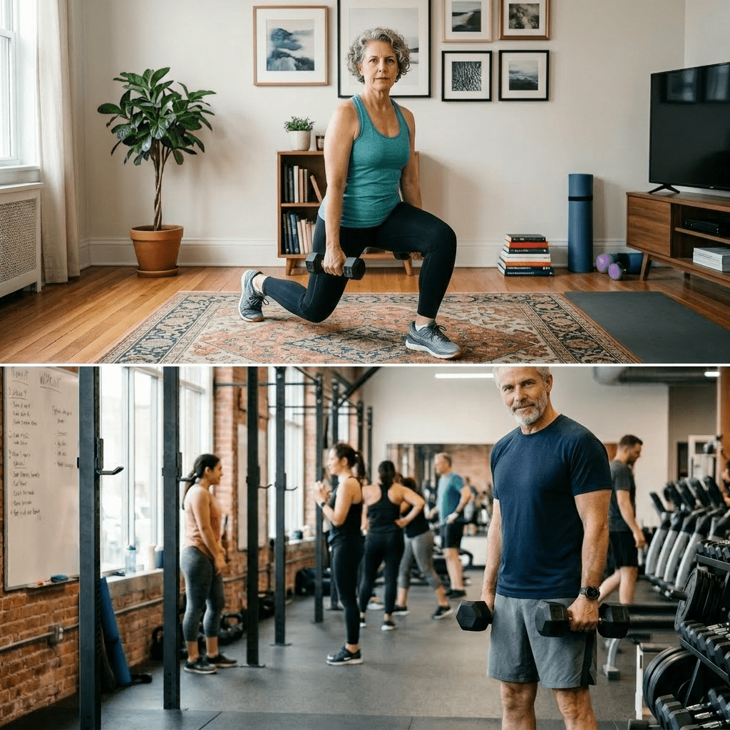 Middle-aged woman performing side lunge with dumbbells and man holding dumbbells in gym